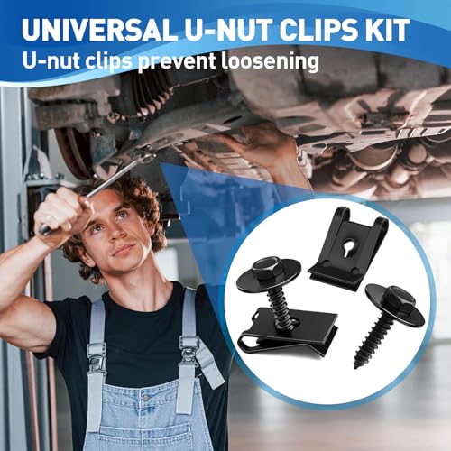 50Pcs M4.2 Automotive Body Bolt & U-Nut Clips Kit Replacement | Universal Fender Liner Screws and U-Nut Clamp Set, Engine Splash Shield Hex Head Screw Kits for Most Cars, Trucks, SUVs, Vans - color: Black-M4.2