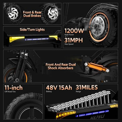 Off Road Electric Scooter Adults, 1200W Motor 31-Mile Range, 31 MPH, 11" All-Terrain Tires & Dual Suspension, disc Brakes UL Certified - color: Black