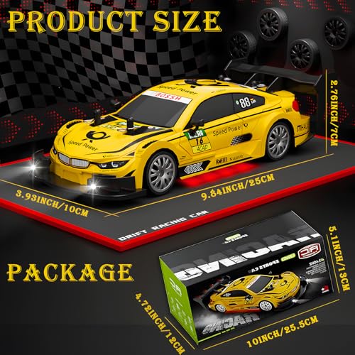 1:20 RC Drift Car for Kids,4WD 2.4GHz 30KM/H High Speed Remote Control Car, Racing Sport Toy Car with LED Lights,Drifting Tires＆2 Batteries (Yellow) - color: Yellow