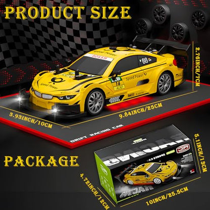 1:20 RC Drift Car for Kids,4WD 2.4GHz 30KM/H High Speed Remote Control Car, Racing Sport Toy Car with LED Lights,Drifting Tires＆2 Batteries (Yellow) - color: Yellow