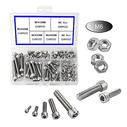 newlng M6 304 Stainless Steel Bolts and Nuts, Hex Flat Head Cap Bolts Screws Nuts Hexagon Socket Head Screw,Heavy Duty Hex Bolts Nuts Assortment, Head Mechanical Parts Combination Box - size: M6