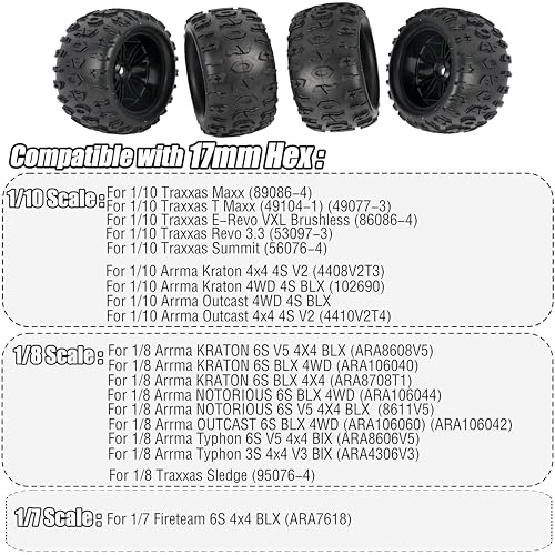 17mm Hex RC Wheels and Tires 4PCS RC Truck Buggy 3.8 Tires Wheels for 1/8 1/10 Scale Arrma Kraton Notorious Outcast Typhon 6S 4S 3S Traxxas Maxx T Maxx Sledge Revo 3.3 Tires Wheels Preglued