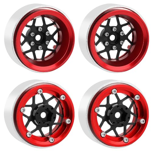 ModuWheel 1.3" Negative Offset Aluminum + Carbon Fiber Beadlock Wheels Rim for 1/24 1/18 AX24 SCX24 TRX4m Ascent18 RC Crawler,Star Pattern-1 (red) - color: Red