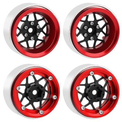 ModuWheel 1.3" Negative Offset Aluminum + Carbon Fiber Beadlock Wheels Rim for 1/24 1/18 AX24 SCX24 TRX4m Ascent18 RC Crawler,Star Pattern-1 (red) - color: Red
