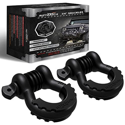 AUTMATCH 3/4" D Ring Shackles (2-Pack) - 41,887 lbs Break Strength | Clevis Shackle with 7/8" Pin & Isolator Washer Kit for Tow Strap, Winch, Towing & Off-Road Vehicle Recovery, Matte Black - color: Matte Black