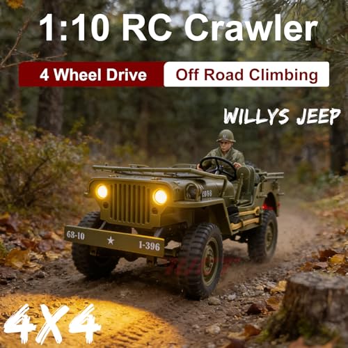 YUCT 1/10 Army RC Crawler Willys Jeep | RC Rock Crawler 4x4 Military Off-Road Car with Driver Figure & Machine Gun Oliver Green - color: Oliver Green