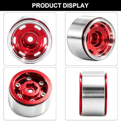 1.0" Beadlock Aluminum Wheels and 64mm Soft Rubber Tires | for SCX24, TRX4M, Ascent 18, FCX24, 1/18 1/24 RC Crawler, 7mm Hex, 0mm Offset, with Foam Inserts, (Red A) - color: Red a