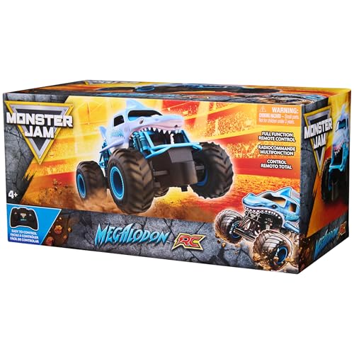 Monster Jam 6047110 Official Megalodon Remote Control Monster Truck, 1:24 Scale, 2.4 GHz, for Ages 4 and Up | Remote Control Truck Toy, Durable Construction, Authentic Design, Easy to Use Remote, Pretend Play Gifts for Kids Ages 4+ - style: Megalodon