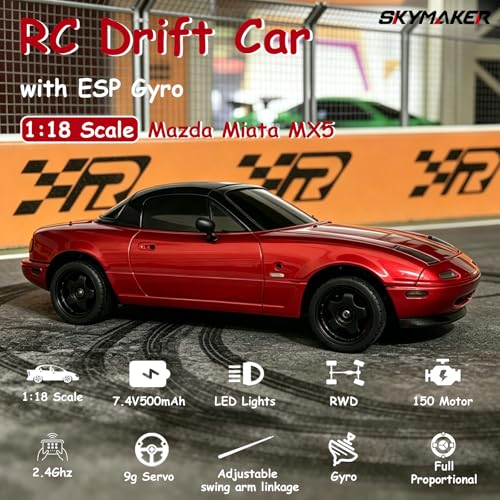 1/18 RC Drift Car Remote Control Miata with 2 Batteries(Red) - color: Miata Red With 2 Batteries
