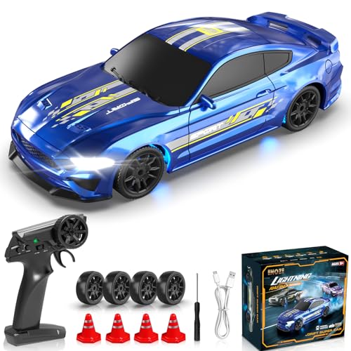 RC Drift Car 1/43 Scale Mini RC Drift Cars with Gyro, 4WD Full Proporitonal High Speed Remote Control Car with LED Lights and Drifting Tires Hobby Racing Cars for Adults Kids Boys Girl, Blue - color: Blue