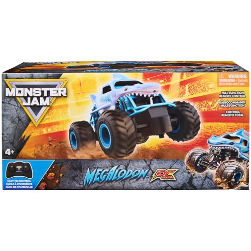 Monster Jam 6047110 Official Megalodon Remote Control Monster Truck, 1:24 Scale, 2.4 GHz, for Ages 4 and Up | Remote Control Truck Toy, Durable Construction, Authentic Design, Easy to Use Remote, Pretend Play Gifts for Kids Ages 4+ - style: Megalodon