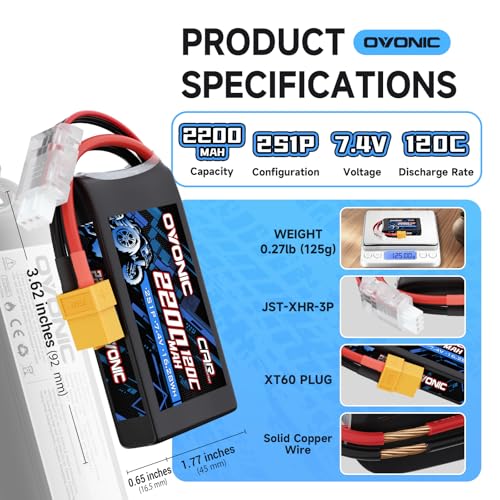OVONIC 2S Lipo Battery 7.4V 2200mAh 120C with XT60 to TRA Connector for RC Car Truck Vehicles Boat Drone Airplane Quadcopter Helicopter FPV Racing Hobby Models Pro Truck Boat Jet Basher 2 Batteries
