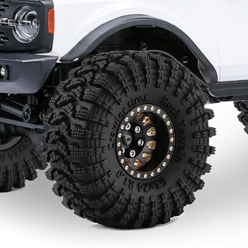 1.0" Beadlock Brass Wheels and 63mm Tires for SCX24 TRX4M | 7mm Hex, Soft Rubber Tires with Foam Lining, 1/18 1/24 RC Crawler Upgrade Parts - color: Brass Black