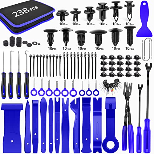 GOOACC 238Pcs Trim Removal Tool, Auto Push Pin Bumper Retainer Clip Set Fastener Terminal Remover Tool Adhesive Cable Clips Pry Kit Car Panel Radio Removal Auto Clip Pliers - color: 120Pcs Clips + 118 Remover Blue
