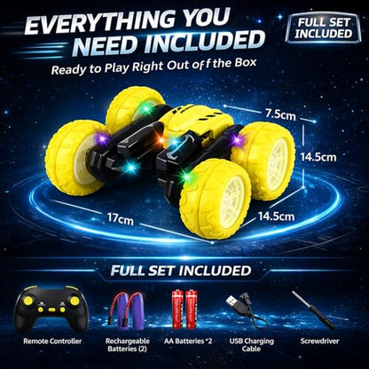 Remote Control Car for Kids, 360° Rotating Stunt Car, Double-Sided Driving, 2.4GHz RC Car, Rechargeable All-Terrain Toy, LED Glowing Wheels with Projection, for Boys & Girls Ages 4-8 - color: Yellow