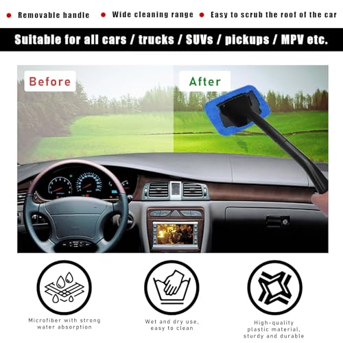 Ohleats Car Windshield Cleaning Tool, Microfiber Window Cleaner with 4 Washable and Reusable Cloth Pad & Long Handle, Auto Glass Wiper Cleaning Kit with Spray Bottle, Car Accessories