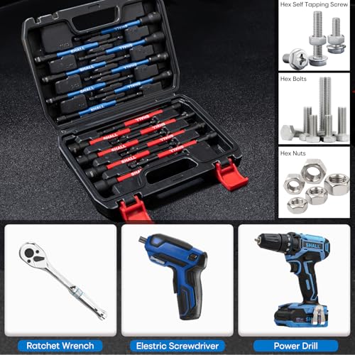 SHALL 16PCS Magnetic Nut Driver Set - 6" Long Nut Driver Set for Impact Drill - SAE and Metric Nut Driver Bit Holder with 1/4"Hex Shank - Magnet Socket Set with Sturdy Tool Box