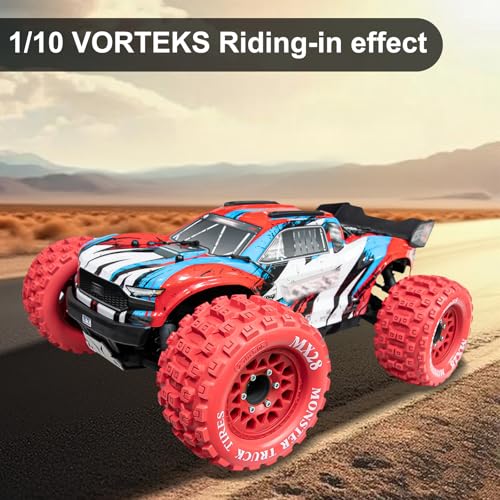 LRFHL MX28 F/R 2.8" RC Monster Truck Tires and Wheels 4PCS, Red | 12mm/14mm Hex Adapter, 1/10 RC Monster Truck, Compatible with Traxxas Stampede Rustler Redcat Arrma Vorteks Big Rock Granite - color: Red Tires+ Red Wheel-7
