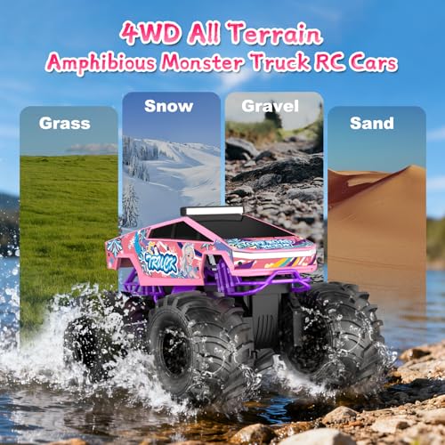 Remote Control Car for Girls,1:18 Pink Monster Truck Toys Amphibious RC Cars, 2.4 GHz Waterproof RC Trucks, 4WD All Terrain Off-Road Pickup, Girls Toys for 6-12 Year Old Kids Christmas Birthday Gifts - color: Light Pink