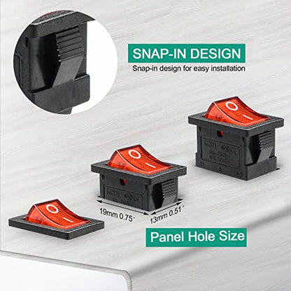 5 Pack KCD1 SPST On/Off Red LED Boat Rocker Toggle Switch | 3-Pin 2-Position Snap In, Only for DC 12V-24V 20A - color: Red, size: DC 12V-24V 20A - Not Pre-Wired