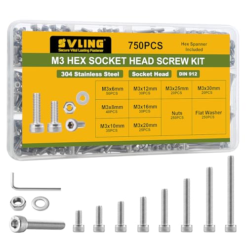 750PCS M3 Screws Assortment Kit, 304 Stainless Steel 18-8 Hex Socket Head Cap Screws Bolts Nuts and Washers Set, M3 x 6/8/10/12/16/20/25/30mm, for 3D Printer - size: SS M3 750PCS Socket Cap
