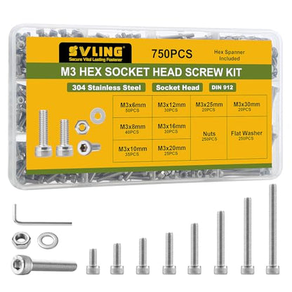 750PCS M3 Screws Assortment Kit, 304 Stainless Steel 18-8 Hex Socket Head Cap Screws Bolts Nuts and Washers Set, M3 x 6/8/10/12/16/20/25/30mm, for 3D Printer - size: SS M3 750PCS Socket Cap