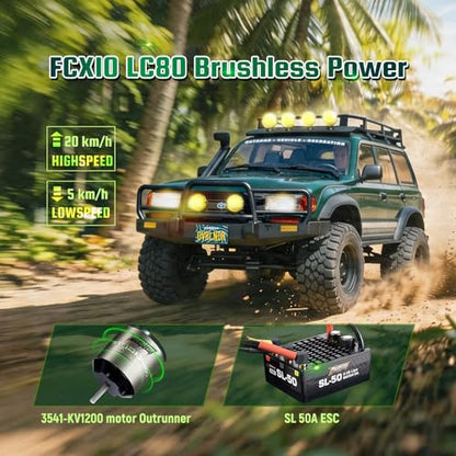 BEEZRC FMS FCX10 1/10 RC Crawler Toyota Licensed OVR Land Cruiser 80, HDR Wheel&Brushless Motor&LED Light, 4WD Off-Road RC Rock Truck, Hobby Grade Remote Control Car for Adults, RS No Battery Green - color: Green