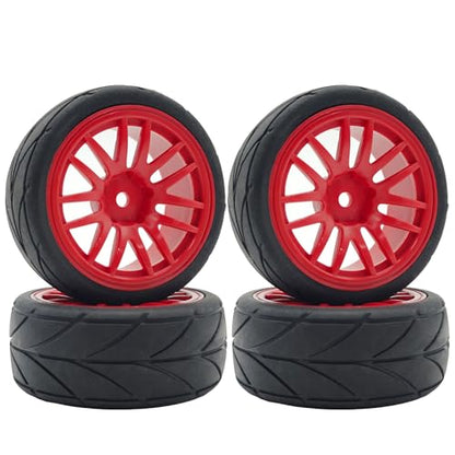 RC 1/10 On Road Touring Tires & Wheels 12mm Hex Hard Plastic Rims OD 65mm Street Racing Tyre for 1:10 1/12 Rally Drift Car Tamiya TT01 TT02 Traxxas XV02 XV01 HPI KYOSHO PTG2 4PCS (Red) - color: Red