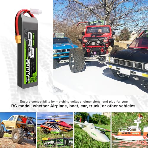 OVONIC 3S LiPo Battery 11.1V 5000mAh 120C with XT60 and TRA Plug Match RC Car Truck Airplane Helicopter Boat [6.18''D x 1.81" W x 1.03" H](2 Packs in 1 Package)(with Lipo Voltage Checker)