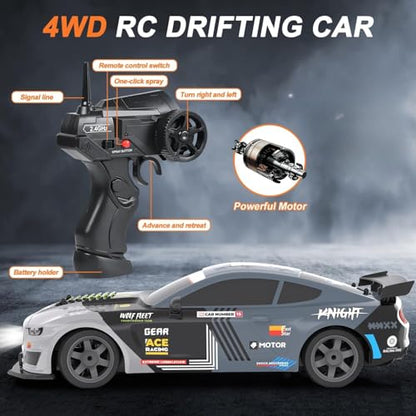 Dollox Remote Control Car 1/16 Scale RC Drift Car 2.4GHz 4WD High Speed 18+KM/H Vehicle with LED Lights and Spray, Extra Drifting Tires Racing Vehicle Toys Birthday Gifts for Adults Boys, 2 Batteries - color: Grey