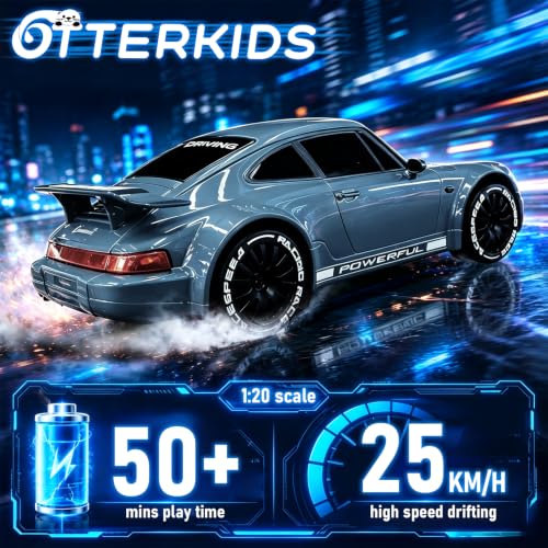 1:20 RC Drift Car, 2.4GHz 4WD 360° Fixed Point Drift for Boys | 50 min playtime with 2 batteries, 2 tire sets (drift & off-road), 3 LED lights, great gift for kids 6-12 - color: Gray-blue