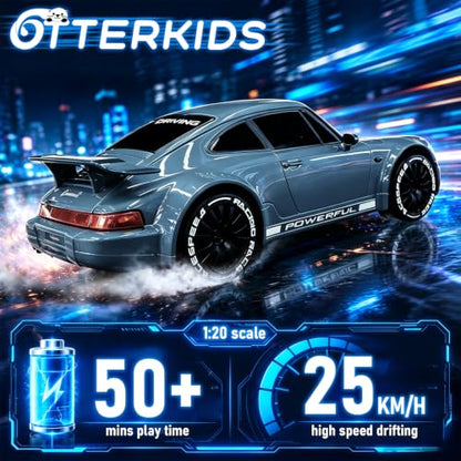 1:20 RC Drift Car, 2.4GHz 4WD 360° Fixed Point Drift for Boys | 50 min playtime with 2 batteries, 2 tire sets (drift & off-road), 3 LED lights, great gift for kids 6-12 - color: Gray-blue