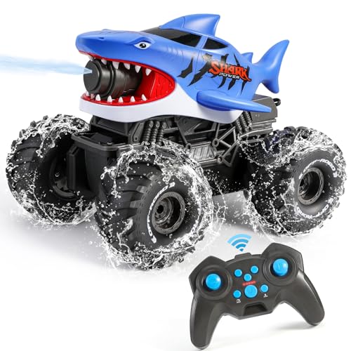 BOBXIN Amphibious Remote Control Shark Monster Truck Squirt Water,4WD All-Terrain Off-Road 2.4Ghz Waterproof RC Car Pool Water Toys for Kids Age 6+ Blue - color: Blue