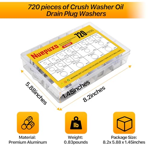 720PCS Crush Washer Kit, Aluminum Oil Drain Plug Gasket Assortment | 18 Sizes Crush Washer Oil Drain Plug, Automotive Engine Crush Washers (M6 M8 M10 M12 M14 M16 M18 M20 M22 M24) - size: 720PCS((M6-M24))