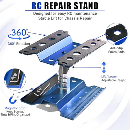 RC Car Repair Work Stand Lift Lower Adjustable Workstation Aluminum 360 Degree Rotation for 1/8 1/10 1/12 RC Car Traxxas Slash TRX4 Arrma Axial SCX10 Losi Redcat Wltoys RC Crawler Monster Truck Buggy - color: Lift Lower Blue