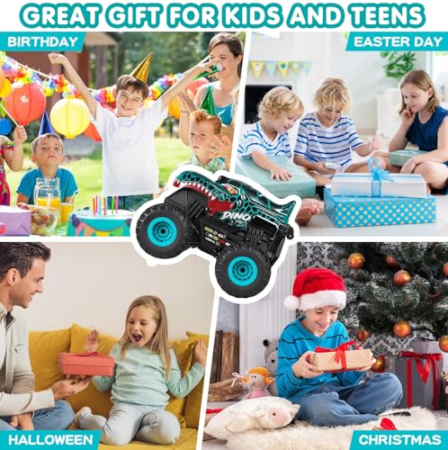 DYODYORC Remote Control Car, 2.4Ghz All Terrain Dinosaur Monster Truck Toys, RC Truck with Music, 3 Lighting Effects, 360 Stunt Capable, 2 Batteries Ready to Run, Toy Gifts for Boys and Girls (Cyan) - color: Cyan Dinosaur