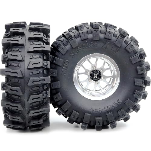 4.85'' Tall Mud Slingers X 1.9 tires T8 & -10.5mm Negative Offset 1.9 Beadlock wheels rims For 1/10 Crawler SCX10 TRX4 Upgrades,HS701550 - color: Silver