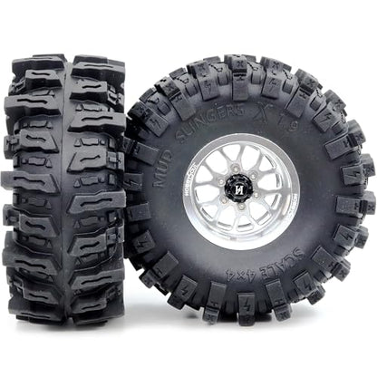 4.85'' Tall Mud Slingers X 1.9 tires T8 & -10.5mm Negative Offset 1.9 Beadlock wheels rims For 1/10 Crawler SCX10 TRX4 Upgrades,HS701550 - color: Silver