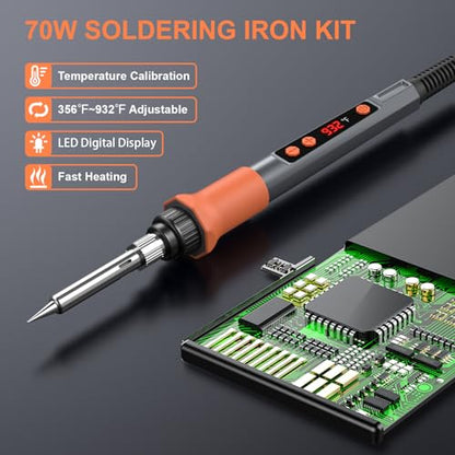 Soldering Iron Kit, 70W Soldering Gun with LED Digital Display, Adjustable Temperature 356-932℉ Solder Kit for Electronics, Includes 5pcs Tips, Stand, Solder Wire, Sponge, Paste, Grey - color: Grey