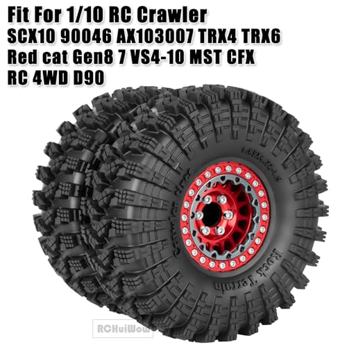 RC 1.9" Beadlock Wheels and Tires for 1/10 RC Crawler SCX10 90046 AX103007 TRX4 TRX6 VS4-10 Red cat Gen8 7 MST CFX RC 4WD D90,Dually 1.9 Beadlock Wheels Aluminum Rims Rubber Tires,Red - color: Red(4pcs)