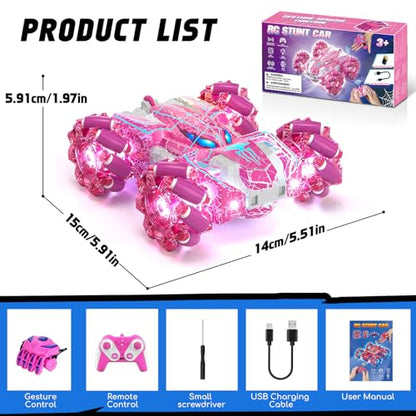 Gesture Sensing Remote Control Car Birthday Gift for Girl 3-12 | Double Sided RC Cars, Full-Body Light, 2.4GHz Hand Controlled, Rechargeable RC Stunt Car - color: Pink