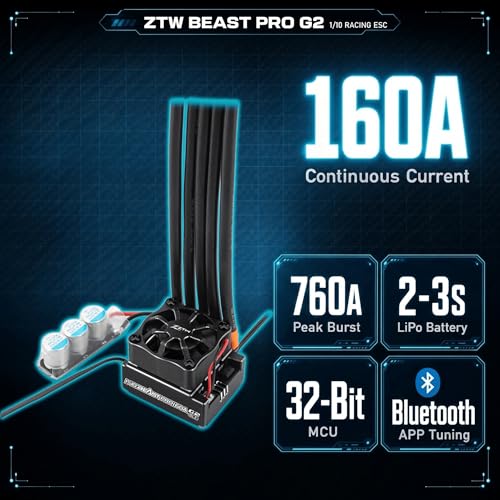 ZTW Beast PRO G2 160A ESC for 1/10 RC Car 32-Bit Brushless Speed Controller Sensored Sensorless 2-3S 6V/7.4V 4A BEC for Touring Drift On-Road Racing