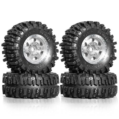 1/24 1/18 RC Crawler Tires and Beadlock Wheels Rims Offset -2.5mm 1.0 Super Soft Sticky Mud Terrain Rock Tyres OD 55mm For 1:24 1:18 Car Axial SCX24 FMS AX24 FCX18 FCX24 TRX4M 4Pcs (Silver) - color: Silver