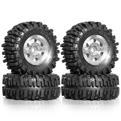 1/24 1/18 RC Crawler Tires and Beadlock Wheels Rims Offset -2.5mm 1.0 Super Soft Sticky Mud Terrain Rock Tyres OD 55mm For 1:24 1:18 Car Axial SCX24 FMS AX24 FCX18 FCX24 TRX4M 4Pcs (Silver) - color: Silver