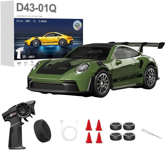 1:43 RC Drift Car 20KM/H with Gyro, 2.4G 4WD Full Proportional Alloy Sport Racing Car, Adjustable Speed, LED Lighting for Teens & Adults-D43-01 - color: Q9/Dark Green