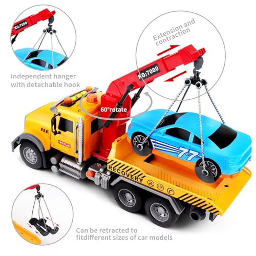 Dwi Dowellin Kids Toys for 3 4 5 6 7 Years Old Boys, 15" Large Tow Truck Toy,Friction Powered Transport Truck Crane Toy with Lights and Sounds,with Roadster,Toddlers Gifts - style: tow truck