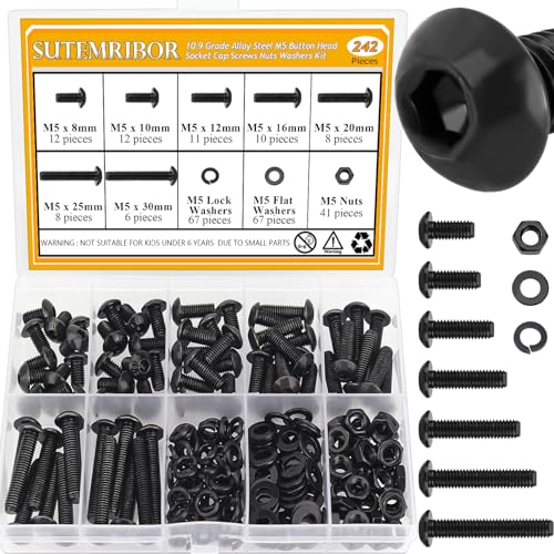 242 Pieces M5 Screws Nuts Washers Set Black, Sutemribor M5 x 8/10/12/16/20/25/30mm Button Head Socket Cap Screws Nuts Washers Assortment Kit, 10.9 Grade Alloy Steel, Fully Threaded - size: M5 x 8-30mm, style: Button Head