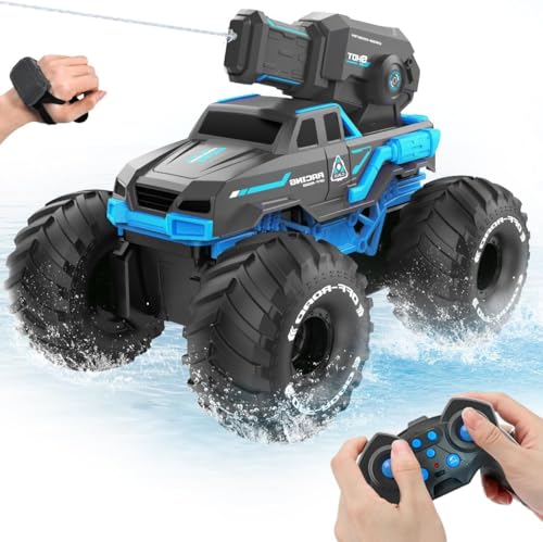 BEZGAR Remote Control Monster Truck, RC Boat Amphibious Cars Pickup Monstertruck with Shooting Water Gun - Pool Toys 4WD Waterproof All-terrian Off-Road Vehicles Gifts for Kids Boys Adults - color: Blue