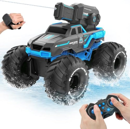 BEZGAR Remote Control Monster Truck, RC Boat Amphibious Cars Pickup Monstertruck with Shooting Water Gun - Pool Toys 4WD Waterproof All-terrian Off-Road Vehicles Gifts for Kids Boys Adults - color: Blue