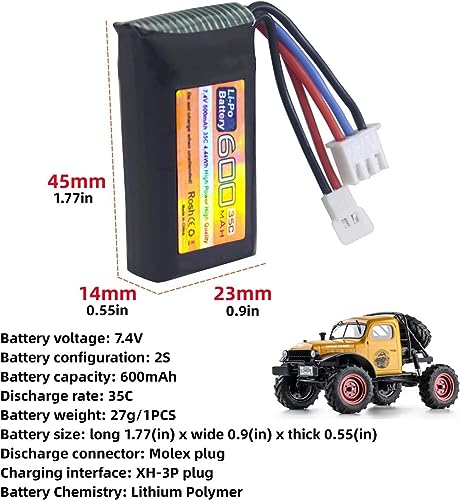 7.4V 600mAh 35C 2S Lipo Battery with Molex Plug and USB Charger Suitable for FMS FCX24 RC Cars, Trucks, Remote Control Electric Climbing Vehicles FCX24 Batteries